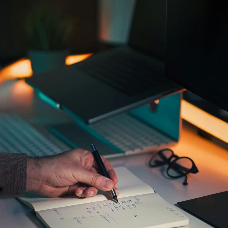 Bible study notes beside an open page